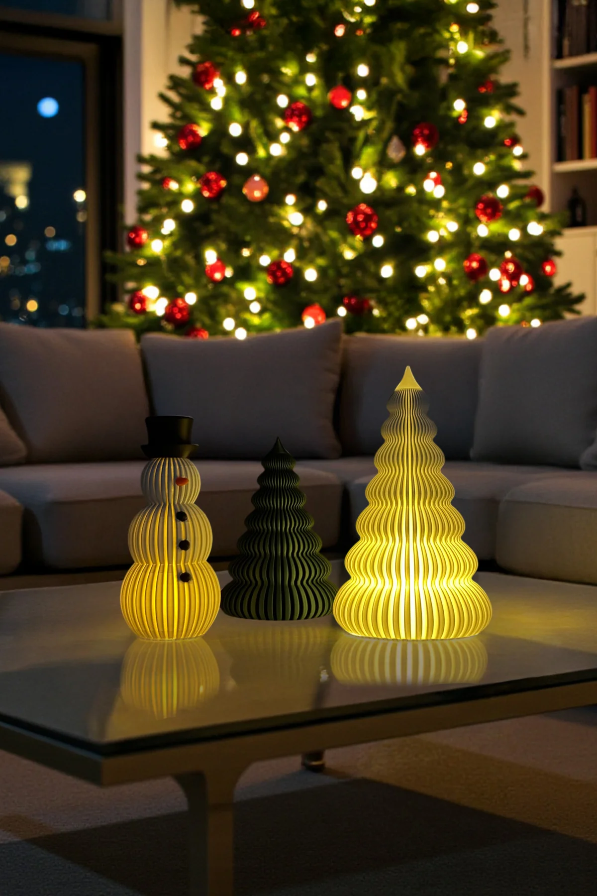 LED Mum Işıklı 3’lü Dekoratif Yılbaşı Seti – Kardan Adam & Çam Ağacı Tasarım