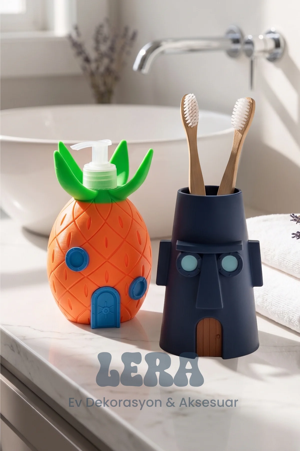 Sünger bob & Squidward Tasarımlı 2'li Set (Sıvı Sabunluk ve Mutfak Banyo Fırça Organizer)