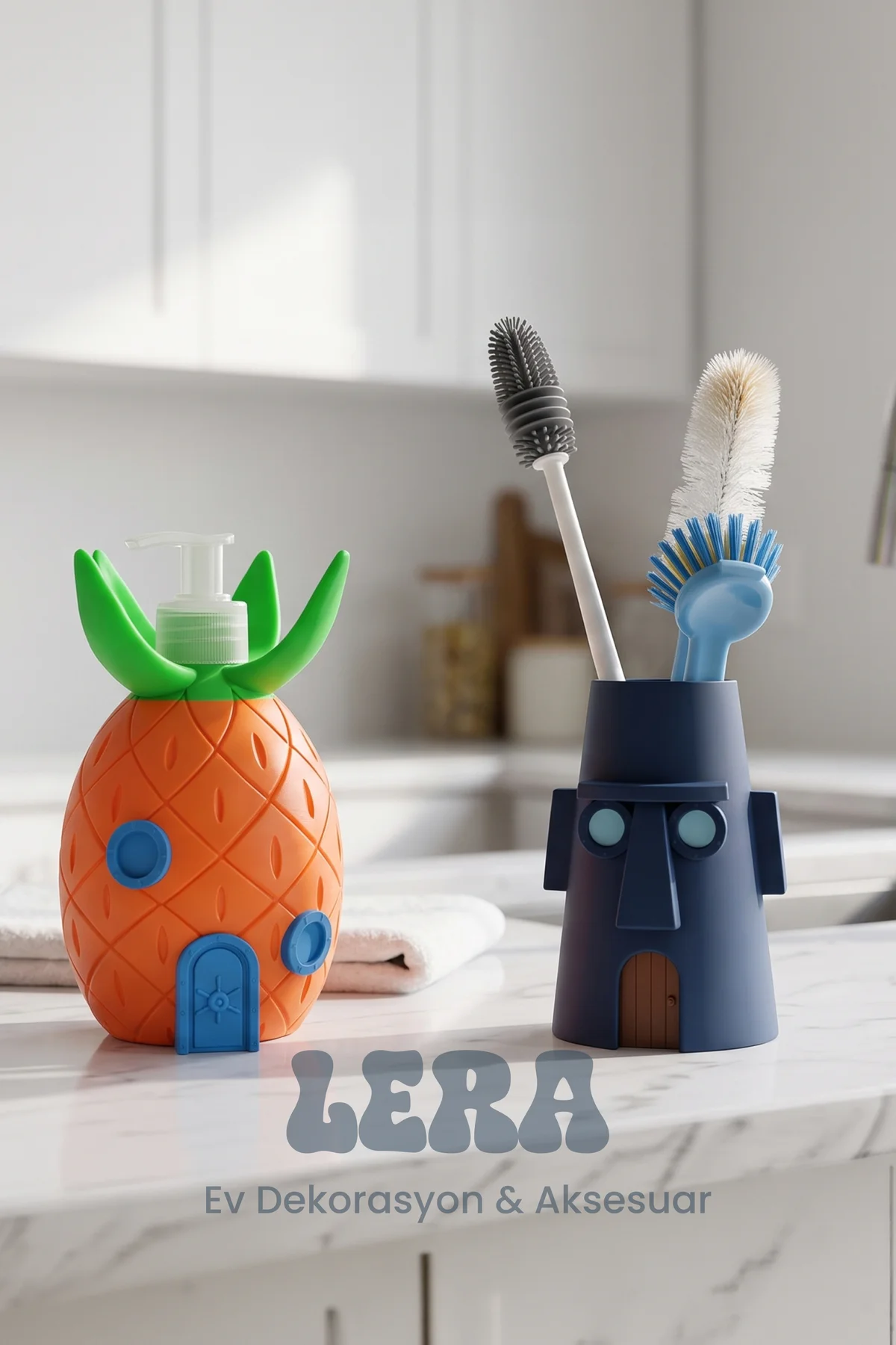 Sünger bob & Squidward Tasarımlı 2'li Set (Sıvı Sabunluk ve Mutfak Banyo Fırça Organizer)
