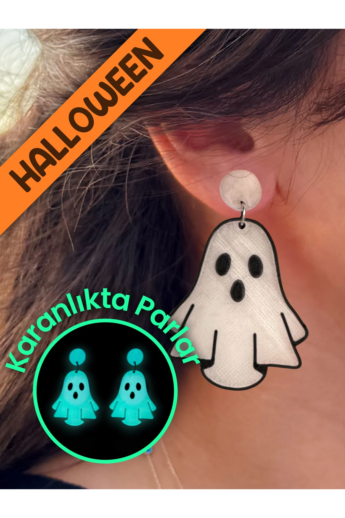 Halloween Cadılar Bayramı Gece Parlayan Fosforlu Hayalet Özel Tasarım Küpe