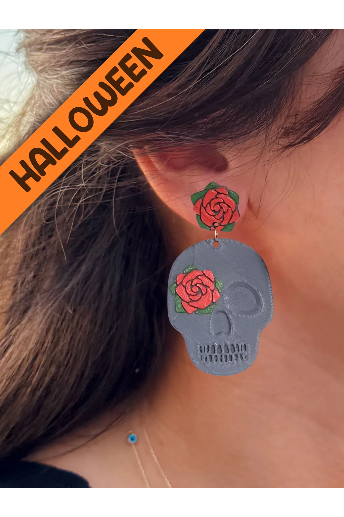Halloween Cadılar Bayramı Kuru Kafa Gül Özel Tasarım Küpe