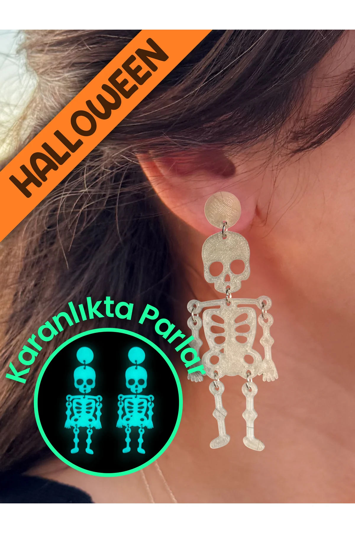 Halloween Cadılar Bayramı Gece Parlayan Fosforlu İskelet Özel Tasarım Küpe