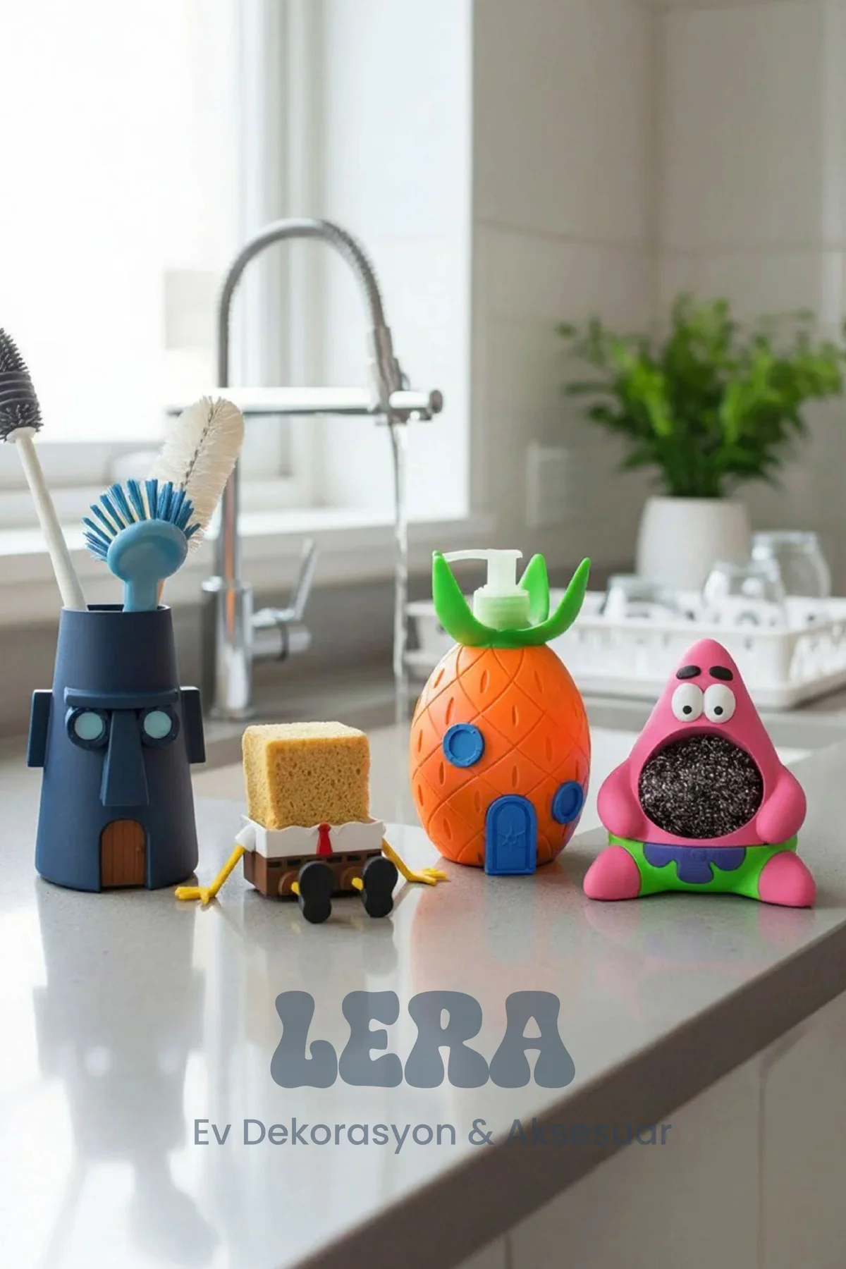 Süngerbop Temalı Mutfak Lavabo Düzenleyici 4 Parça Set – Sabunluk ve Sünger Kaşık Fırça Standı